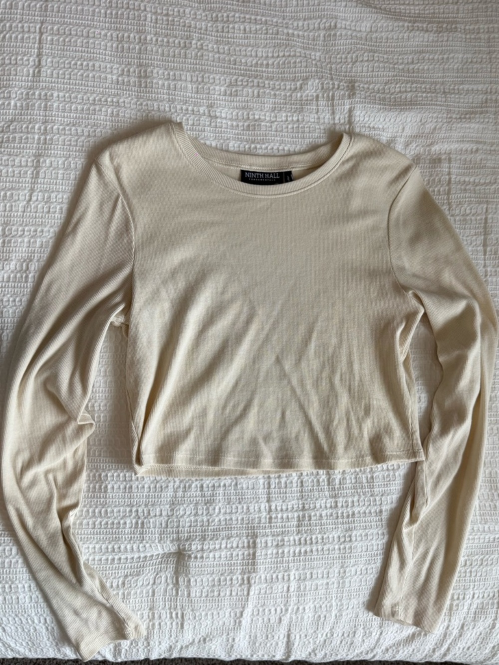 Ninthhall Cream Ribbed Long-Sleeve Crop Top